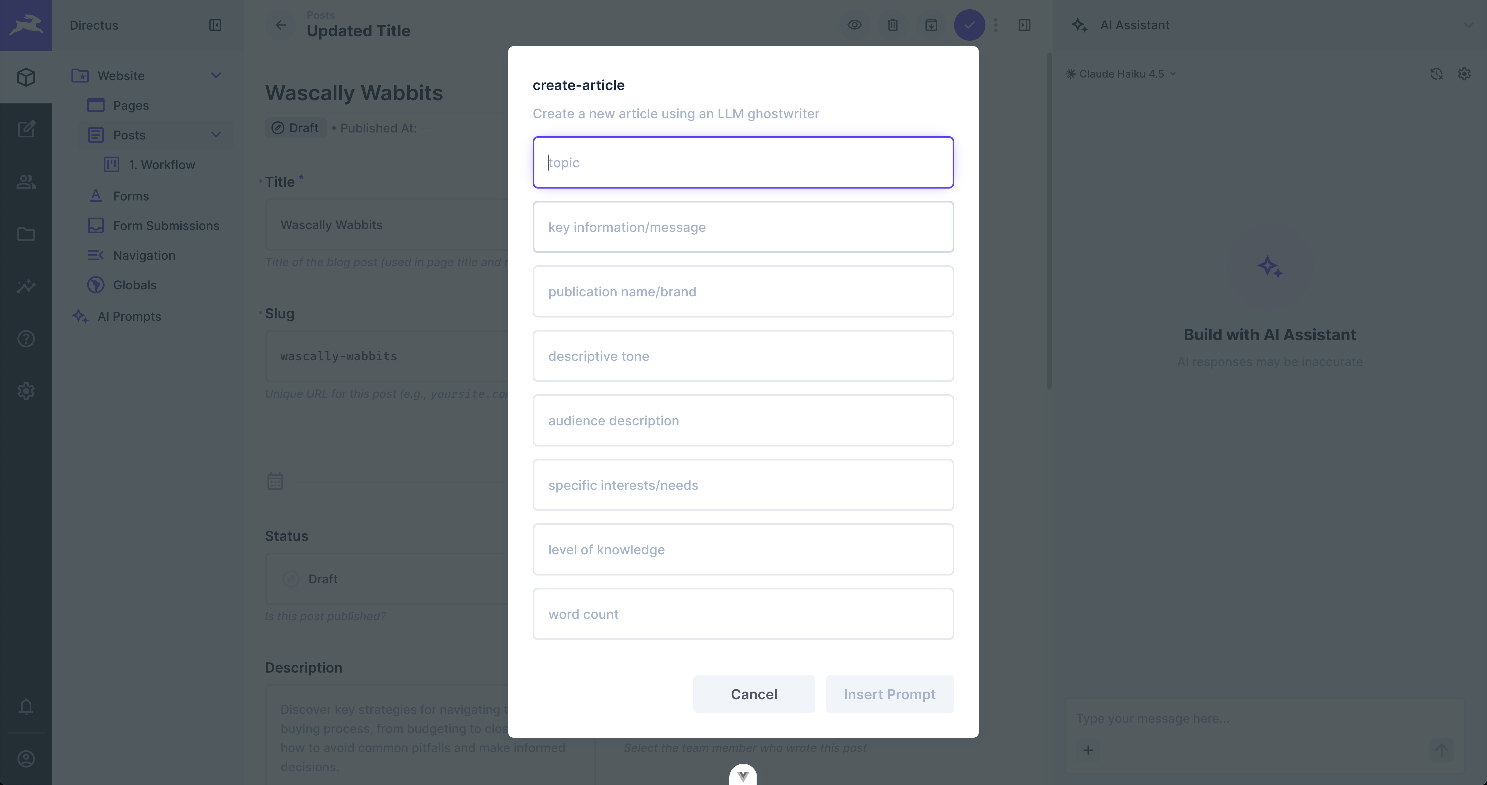 Prompt variables dialog